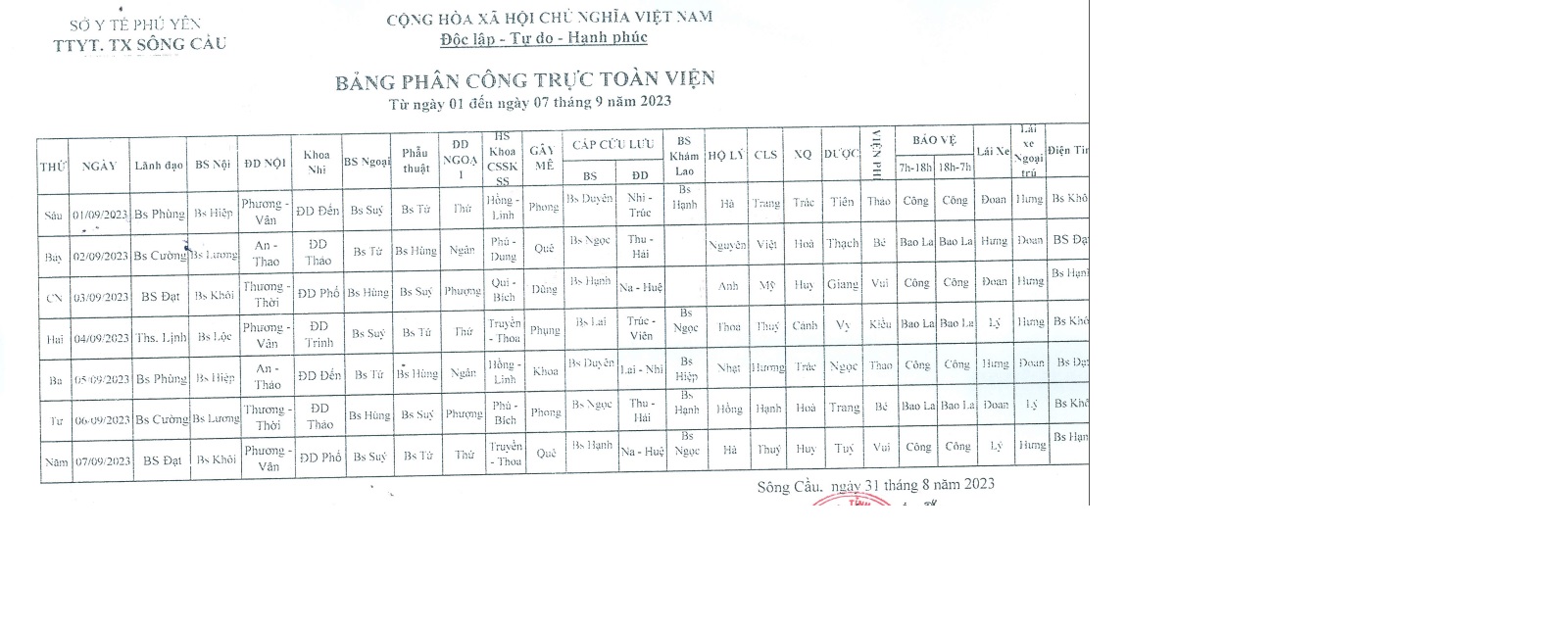 Lịch trực từ ngày 01/09/2023 đến 07/09/2023